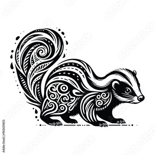 Skunk in zentangle art, stencil logo, black and white animal illustration