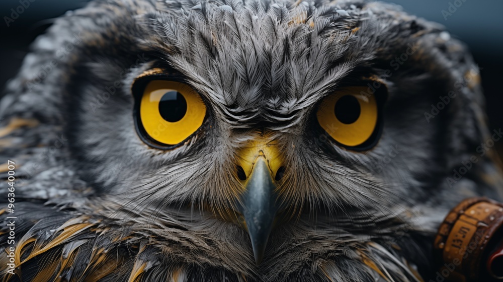 closeup round yellow eyes of great gray owl looking away at dark night