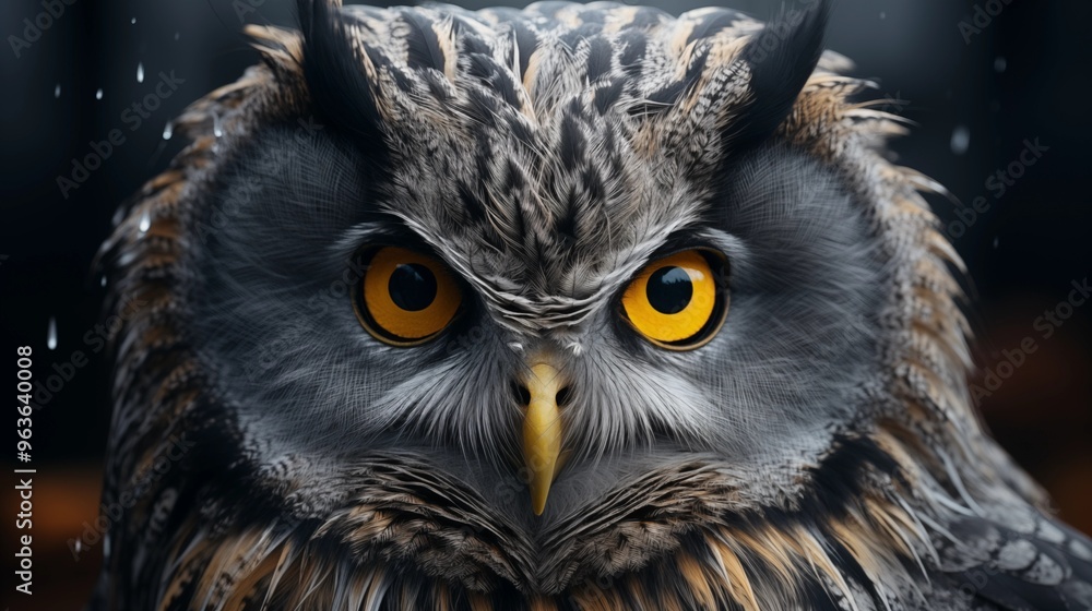 closeup round yellow eyes of great gray owl looking away at dark night closeup round yellow eyes of great gray owl looking away at dark night