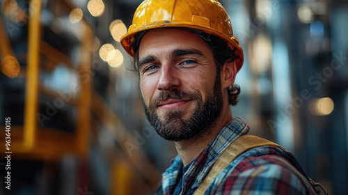 Nuclear industry worker against the background of a nuclear power plant, physicist, employee portrait, man, pipes, technology, equipment, science, scientist, uniform, helmet, builder, engineer