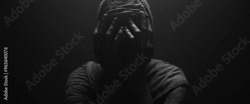 A mummy of a woman holds her hands on her face in the full of desperation pose 