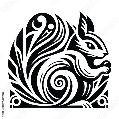 Wallpaper Mural Squirrel with art deco decoration, stencil logo, black and white animal illustration Torontodigital.ca