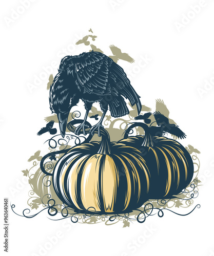 Crow Pinking Pumpkin, vector art character graphic drawing illustration for stickers, streetwear, t-shirts, logos, print-on-demand, print, or branding