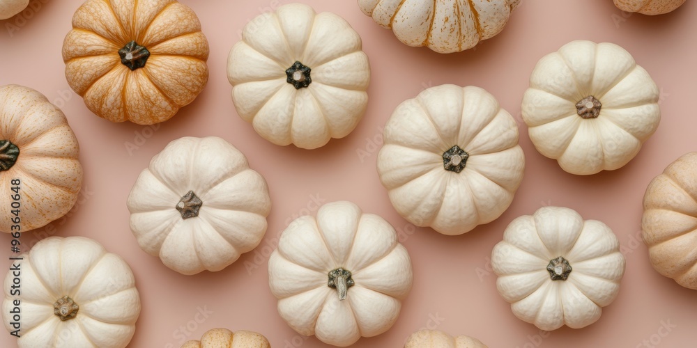 A cozy flat lay of beige and white pumpkins on a pastel background, perfect for autumn decor. It captures the charm of the season, celebrating the warmth and joy of harvest holiday gatherings
