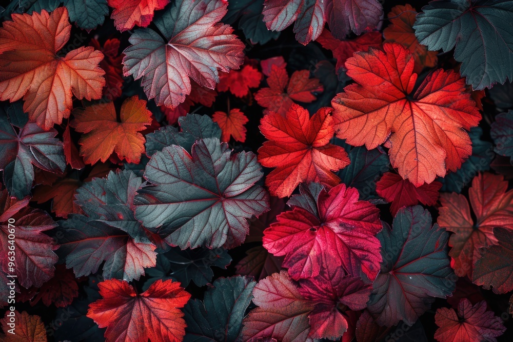 A close up of red and black leaves with a mood of autumn. The leaves are arranged in a way that creates a sense of depth and texture A close up of red and black leaves with a mood of autumn. The leaves are arranged in a way that creates a sense of depth and texture