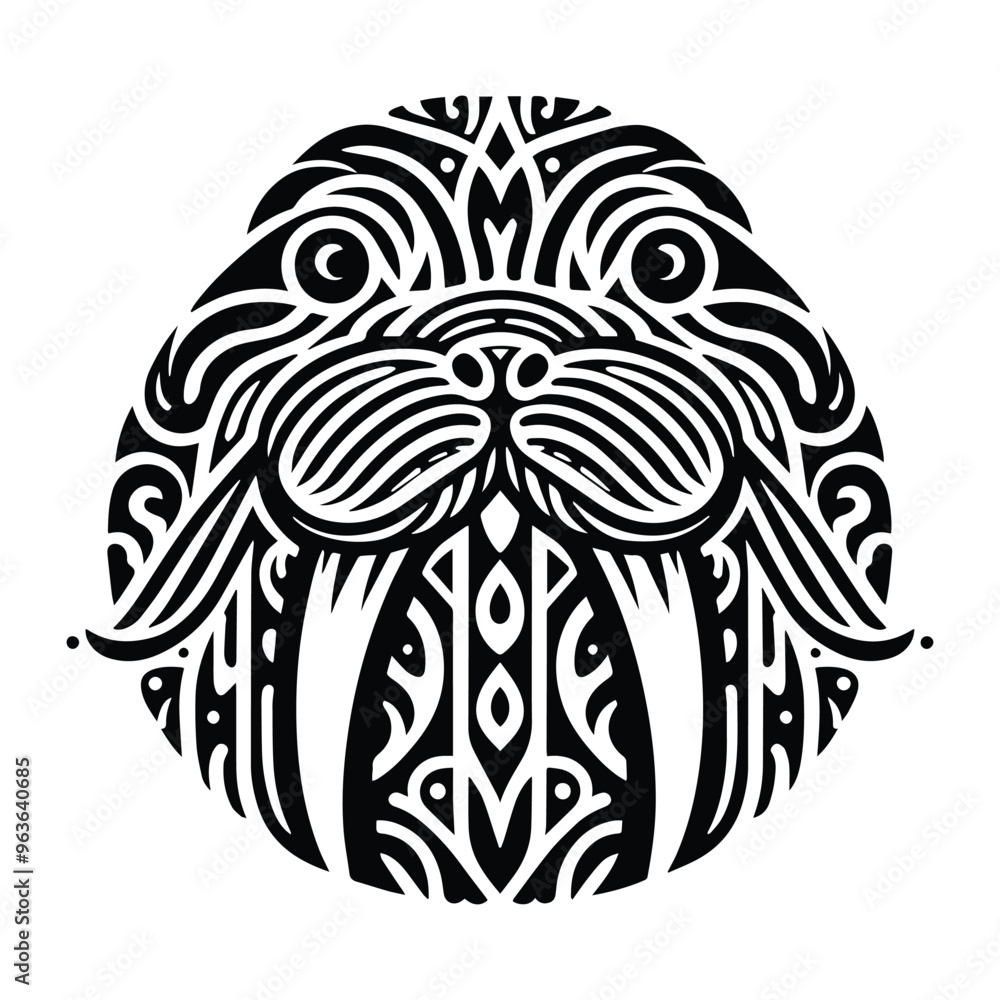 Fototapeta premium Walrus in zentangle art, stencil logo, black and white animal illustration