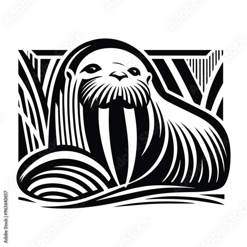 Walrus with art deco decoration, stencil logo, black and white animal illustration