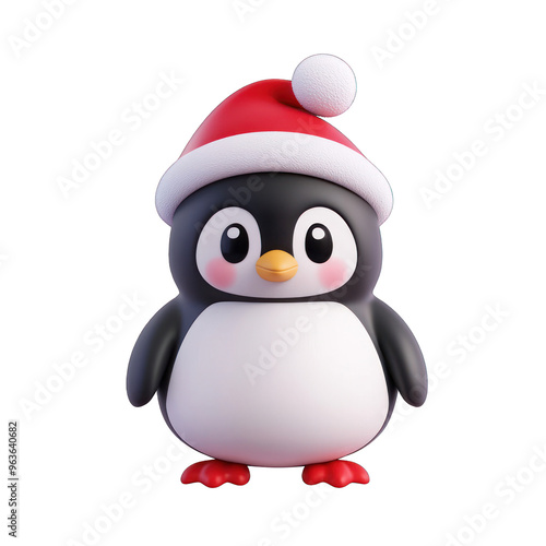 A cute cartoon penguin wearing a red Christmas hat, perfect for holiday themes and festive designs. 3d render