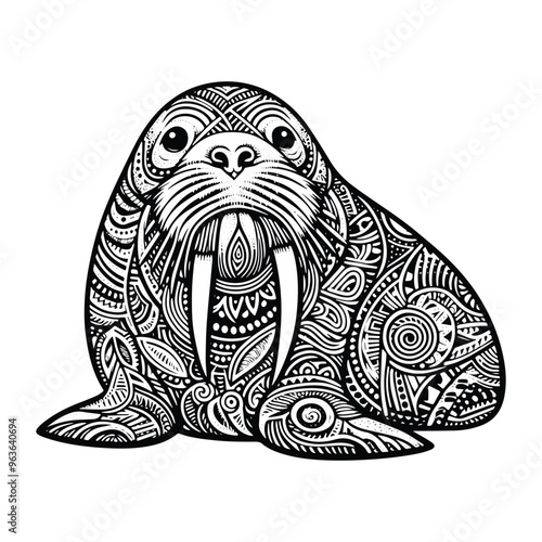 Walrus in zentangle art, stencil logo, black and white animal illustration