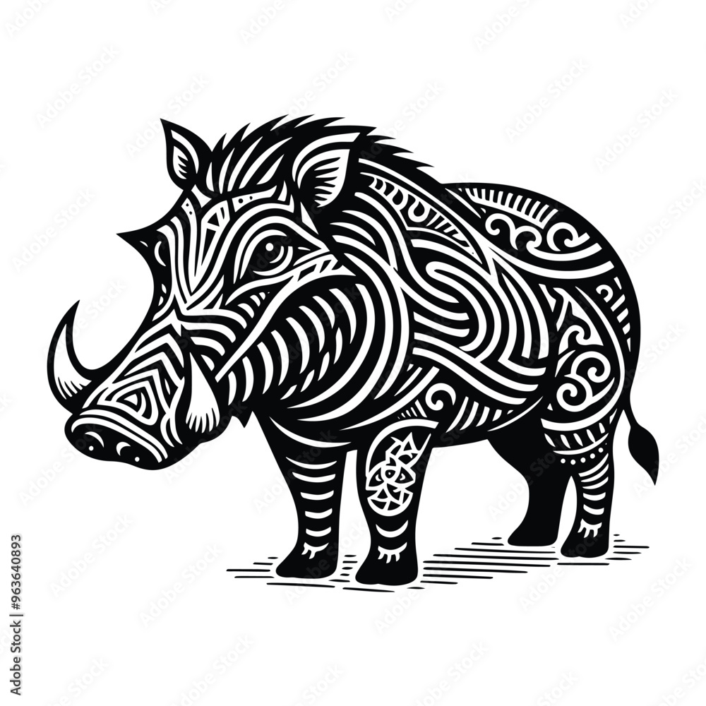 Fototapeta premium Warthog in zentangle art, stencil logo, black and white animal illustration