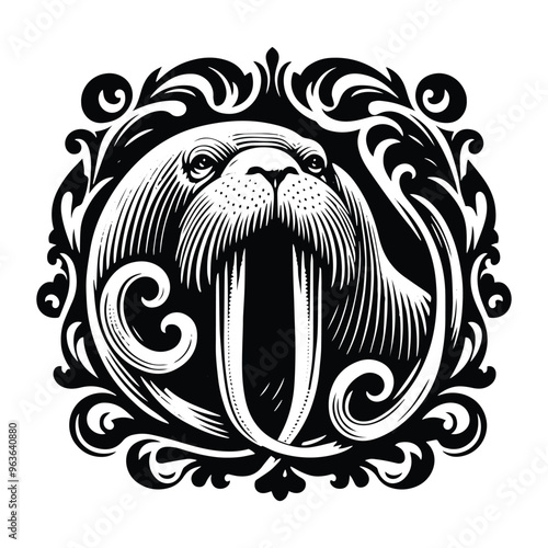 Walrus with victorian flourish decoration, stencil logo, black and white animal illustration