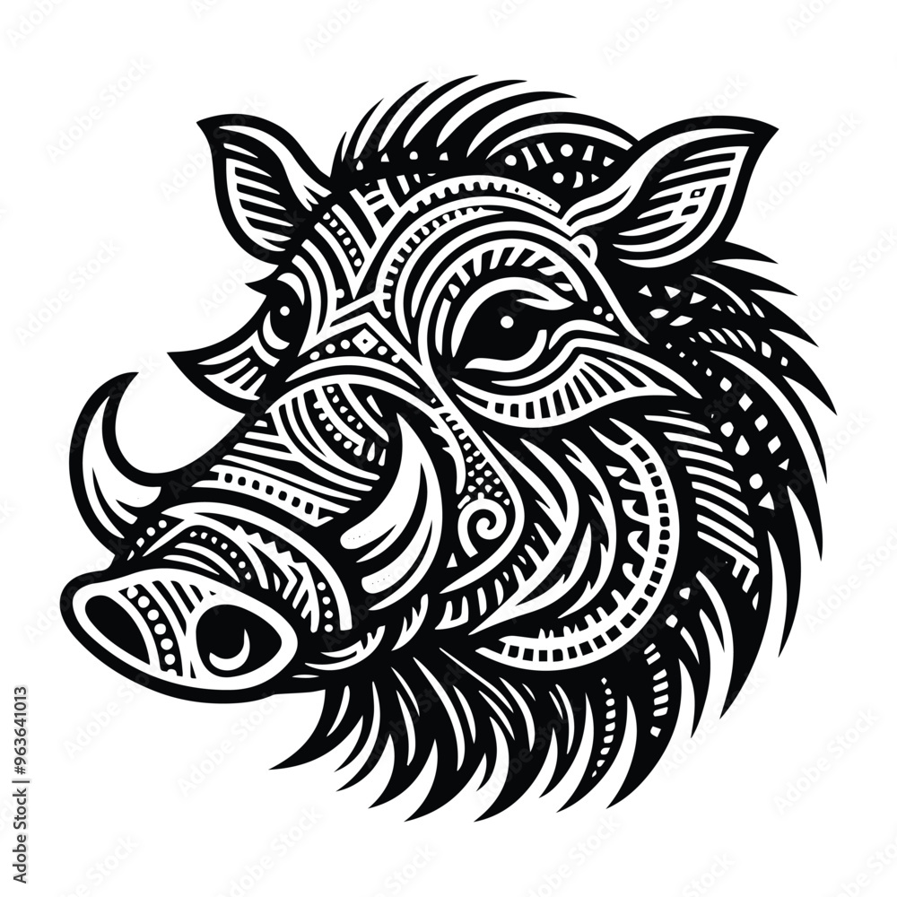 Fototapeta premium Warthog in zentangle art, stencil logo, black and white animal illustration