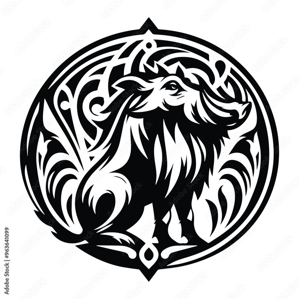 Obraz premium Warthog with art nouveau decoration, stencil logo, black and white animal illustration