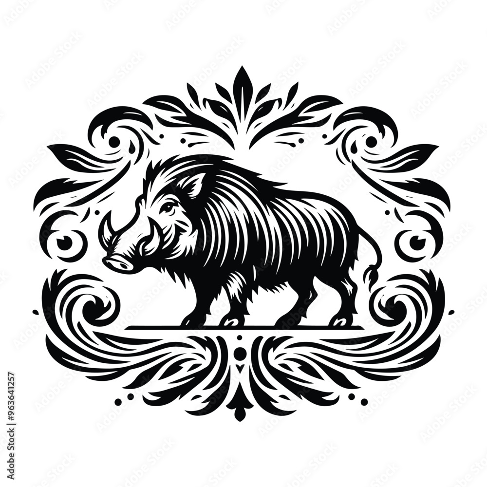 Warthog with victorian flourish decoration, stencil logo, black and white animal illustration Warthog with victorian flourish decoration, stencil logo, black and white animal illustration