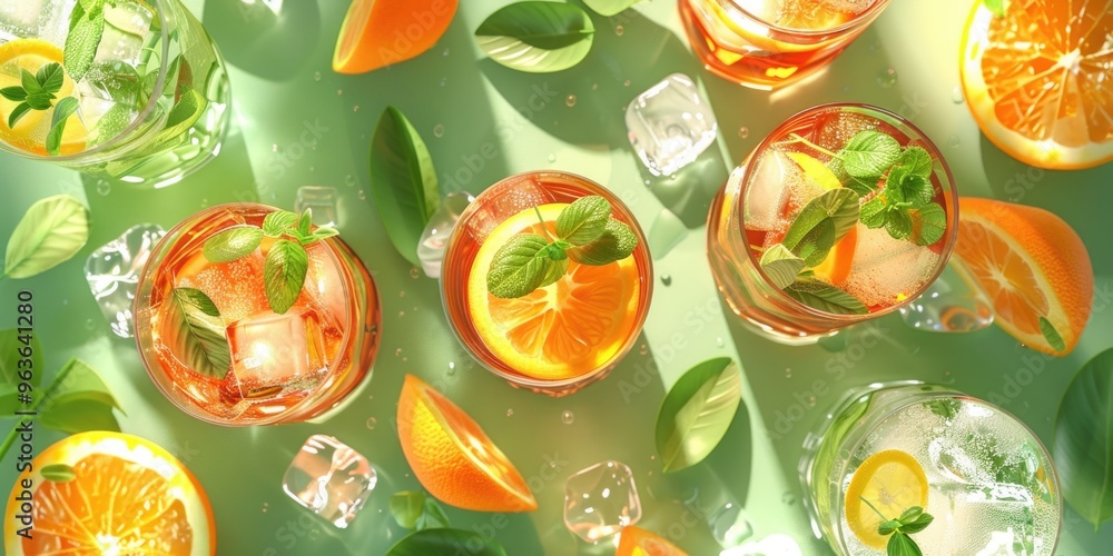 A row of drinks with ice cubes and fruit slices A row of drinks with ice cubes and fruit slices