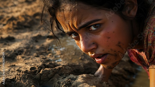 A close-up of a womana??s face, her eyes filled with determination as she digs into the dry, cracked earth of a riverbed, driven by the hope of finding water in the face of drought. photo