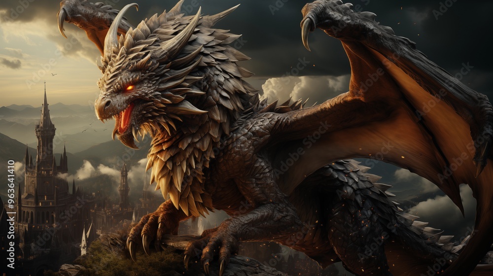 colossal, ancient dragon perches on a mountaintop, with a vast, sprawling fantasy world visible in the background, emphasizing the creature's majesty and power, rendered in a detailed colossal, ancient dragon perches on a mountaintop, with a vast, sprawling fantasy world visible in the background, emphasizing the creature's majesty and power, rendered in a detailed