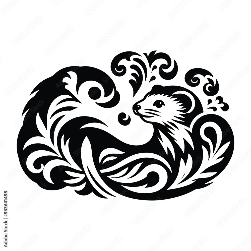 Fototapeta premium Weasel with victorian flourish decoration, stencil logo, black and white animal illustration