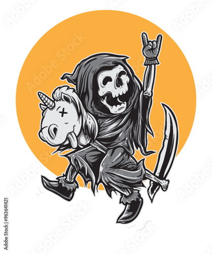 Death Riding Unicorn, vector art character graphic drawing illustration for stickers, streetwear, t-shirts, logos, print-on-demand, print, or branding photo