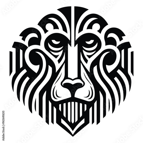 baboon monkey with art deco decoration, stencil logo, black and white animal illustration