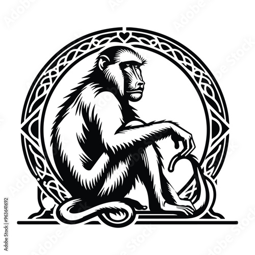 baboon monkey with art nouveau decoration, stencil logo, black and white animal illustration