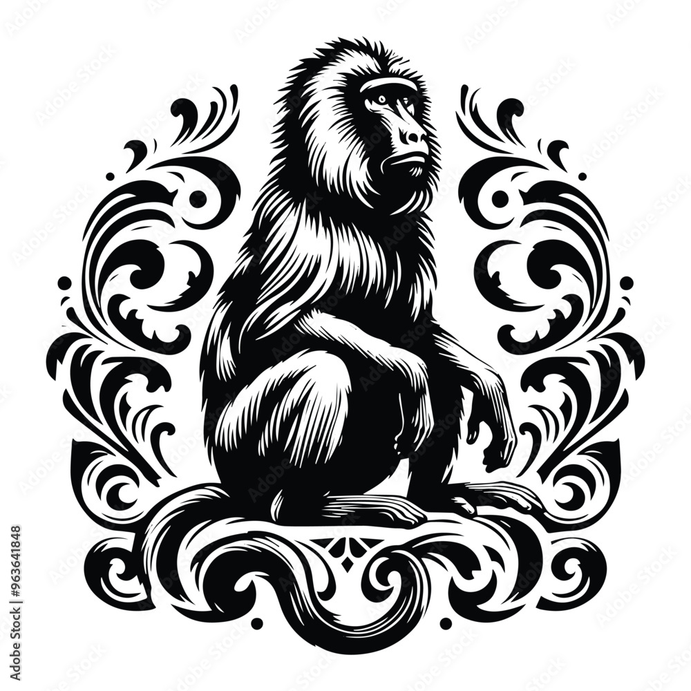 baboon monkey with victorian flourish decoration, stencil logo, black and white animal illustration baboon monkey with victorian flourish decoration, stencil logo, black and white animal illustration