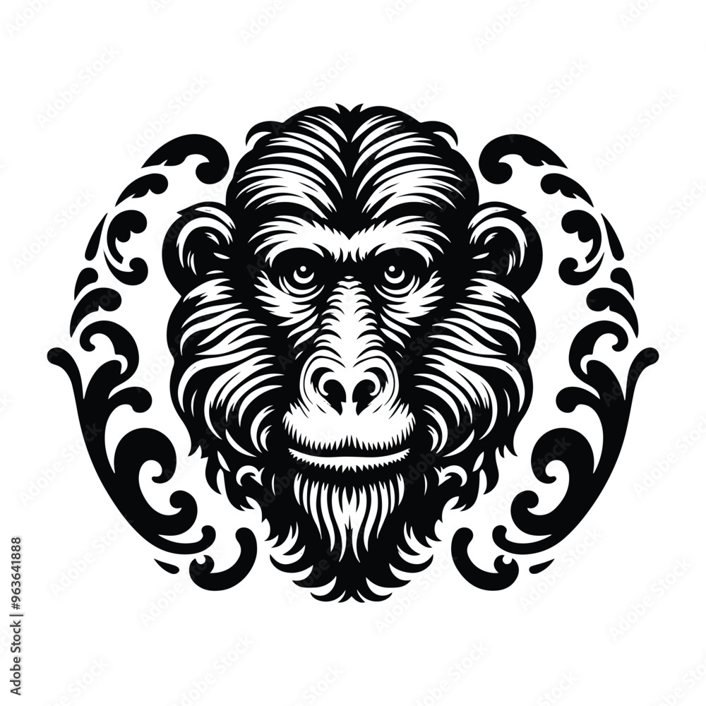 baboon monkey with victorian flourish decoration, stencil logo, black and white animal illustration baboon monkey with victorian flourish decoration, stencil logo, black and white animal illustration