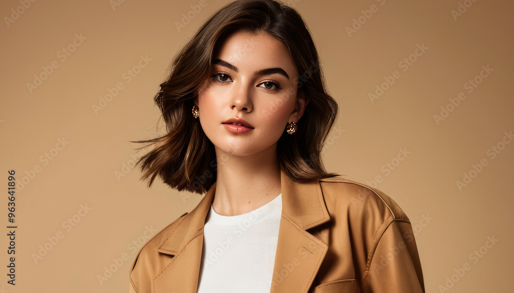 Young woman with brown hair in a stylish tan blazer, representing autumn fashion trends, isolated on a beige background Young woman with brown hair in a stylish tan blazer, representing autumn fashion trends, isolated on a beige background
