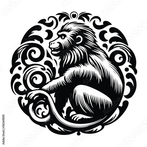 baboon monkey with victorian flourish decoration, stencil logo, black and white animal illustration
