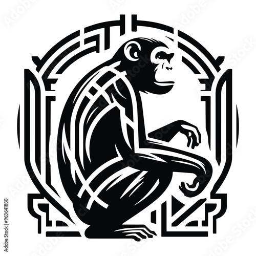 Chimpanzee monkey with art deco decoration, stencil logo, black and white animal illustration