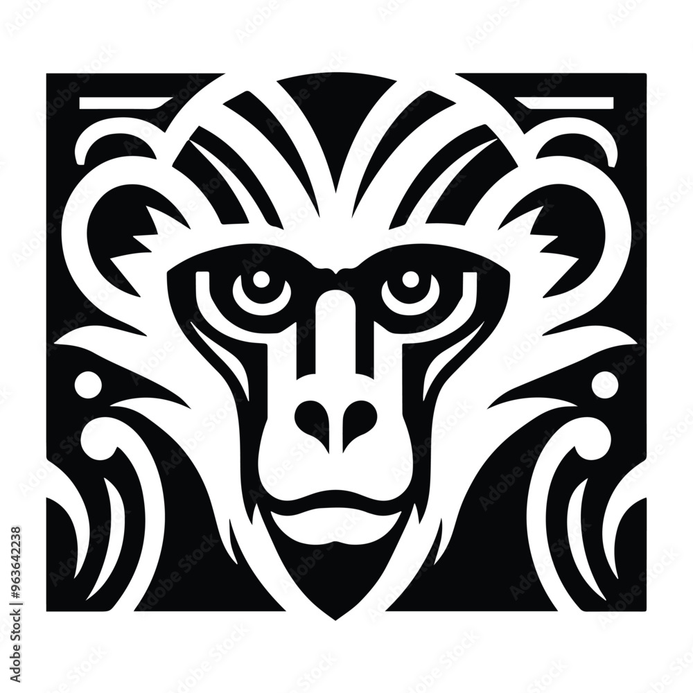 Fototapeta premium Colobus monkey with art deco decoration, stencil logo, black and white animal illustration