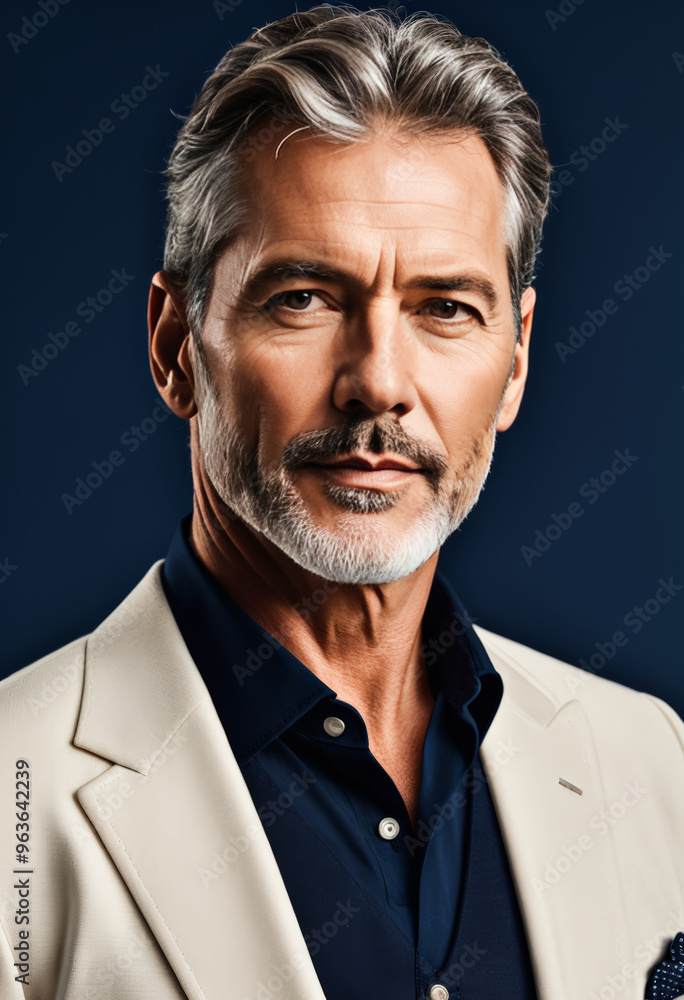 Confident elderly businessman with gray hair and beard, symbolizing success and leadership, in a formal suit, studio portrait Confident elderly businessman with gray hair and beard, symbolizing success and leadership, in a formal suit, studio portrait
