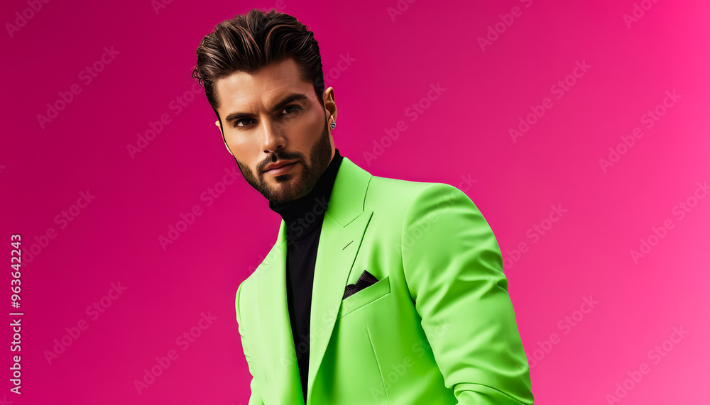 Stylish male model wearing a bright green suit posing against a vibrant pink background, showcasing modern fashion trends Stylish male model wearing a bright green suit posing against a vibrant pink background, showcasing modern fashion trends