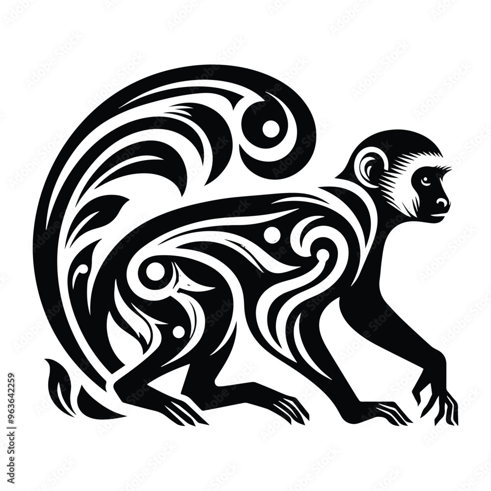 Obraz premium Colobus monkey with art deco decoration, stencil logo, black and white animal illustration
