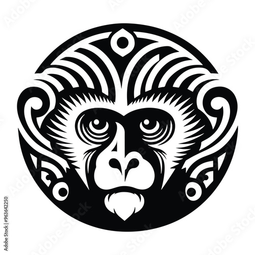 Colobus monkey with art deco decoration, stencil logo, black and white animal illustration