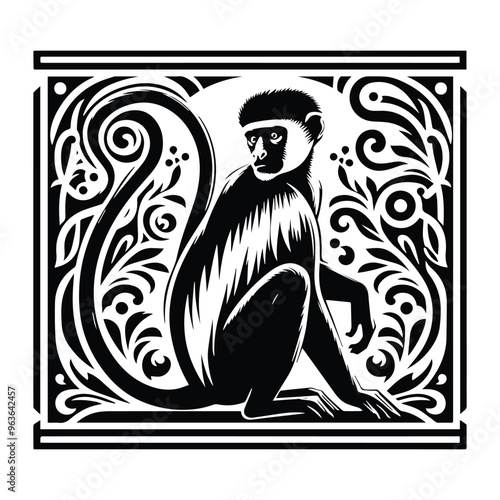 Colobus monkey with art nouveau decoration, stencil logo, black and white animal illustration