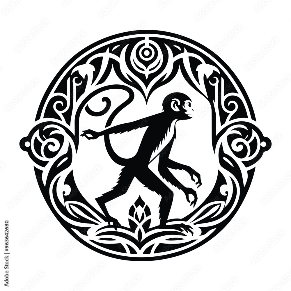 galada monkey with art nouveau decoration, stencil logo, black and white animal illustration galada monkey with art nouveau decoration, stencil logo, black and white animal illustration