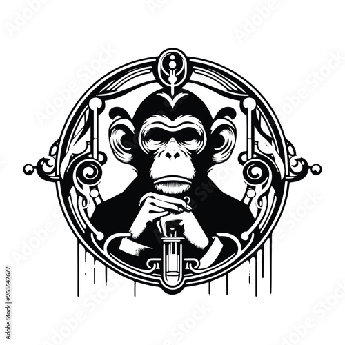 galada monkey with art nouveau decoration, stencil logo, black and white animal illustration