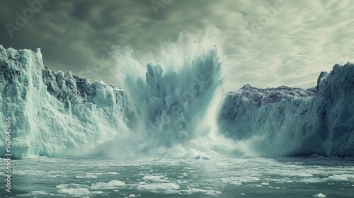 A collapsing glacier pouring into the ocean, visually depicting the rapid meltdown happening in polar regions due to unchecked global warming and its devastating impacts. photo