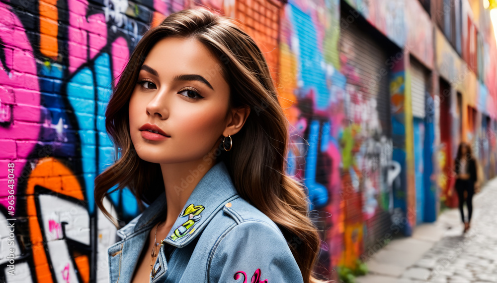 Fototapeta premium Young Asian woman poses confidently in colorful urban alley with vibrant graffiti background, capturing urban fashion street style
