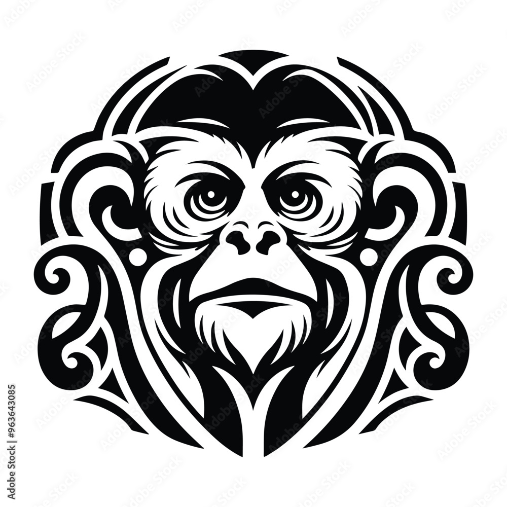 Fototapeta premium Gibbon monkey with art nouveau decoration, stencil logo, black and white animal illustration