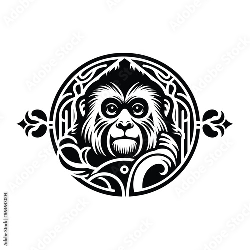 Gibbon monkey with art nouveau decoration, stencil logo, black and white animal illustration