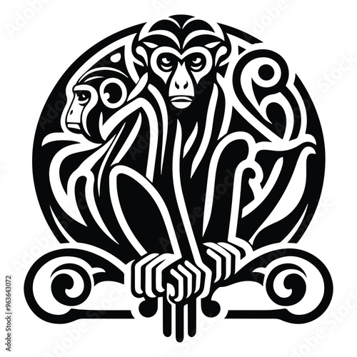 Gibbon monkey with art nouveau decoration, stencil logo, black and white animal illustration