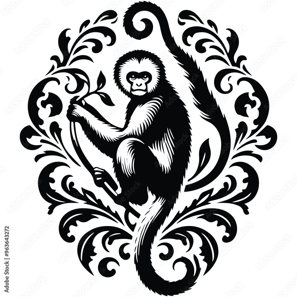 Obraz premium Gibbon monkey with victorian flourish decoration, stencil logo, black and white animal illustration
