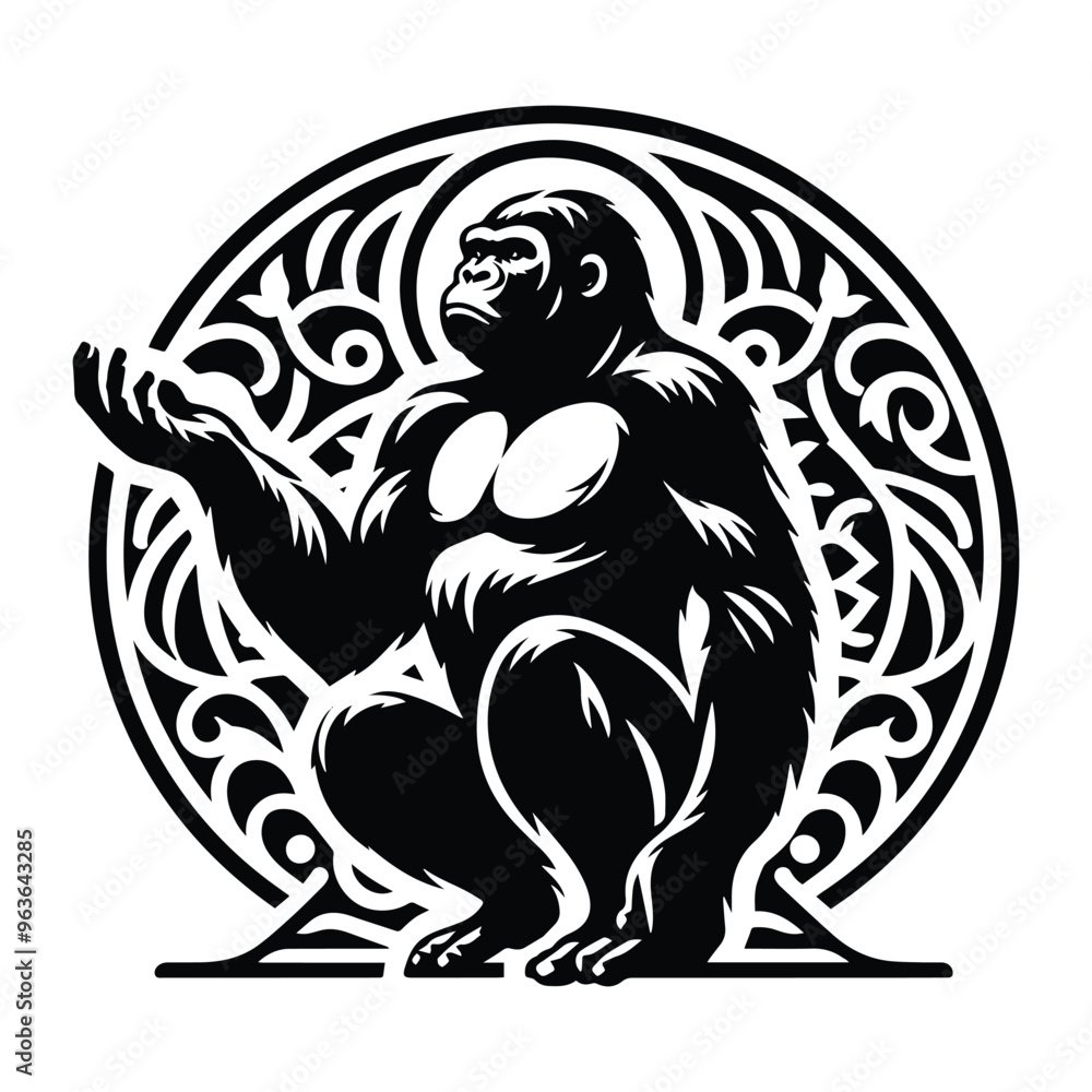 gorilla monkey with art nouveau decoration, stencil logo, black and white animal illustration gorilla monkey with art nouveau decoration, stencil logo, black and white animal illustration