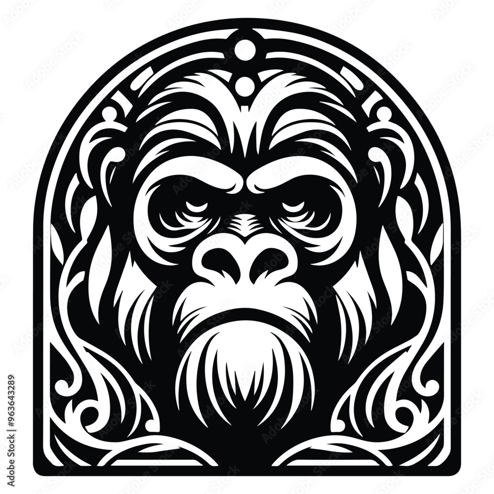 Fototapeta premium gorilla monkey with art nouveau decoration, stencil logo, black and white animal illustration