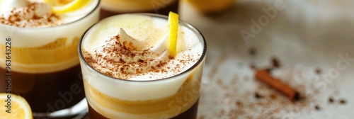 Barraquito, a classic coffee drink featuring layers of espresso, condensed milk, frothed milk, a touch of Licor 43, and finished with lemon zest and cinnamon. photo