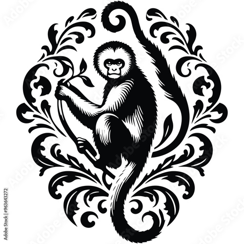 Gibbon monkey with victorian flourish decoration, stencil logo, black and white animal illustration