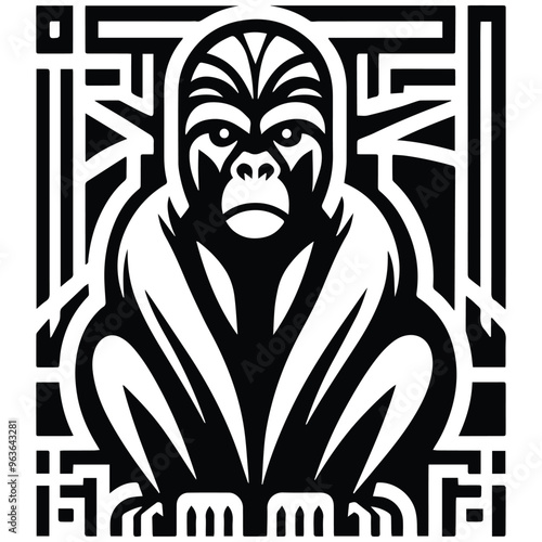 gorilla monkey with art deco decoration, stencil logo, black and white animal illustration