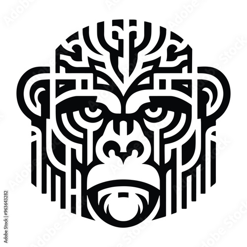 gorilla monkey with art deco decoration, stencil logo, black and white animal illustration